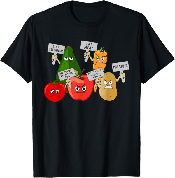 Funny Fruits And Vegetables Protesting Anti Vegan T-Shirt - Image 2
